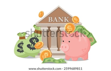 Banking, Savings, and Financial Security Concept with Piggy Bank and Money Bags. Simple Flat trendy cartoon vector illustration.