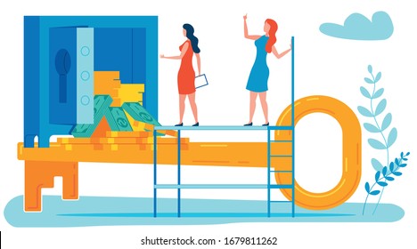 Banking Secrecy Metaphor Flat Vector Illustration. Bank Safe with Golden Coins, Banknotes Under Reliable Protection. Finance Experts, Analysts, Consultants Securing Clients Financial Information