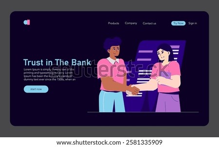 Banking Sector concept. Digital banking website interface with customers engaging in a handshake, promoting trust in financial services. Vector illustration.