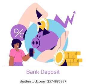 Banking sector concept. Personal savings growth through secure bank deposits, featuring mobile banking technology. Efficient finance management. Vector illustration.