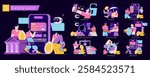 Banking Sector set. Digital banking and financial management scenes. Online transactions, data protection, AI technology, and client trust. Vector illustration.