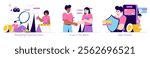 Banking sector set. Exploring finance management, establishing trust, and securing personal data. Digital transactions and customer relationships. Vector illustration.