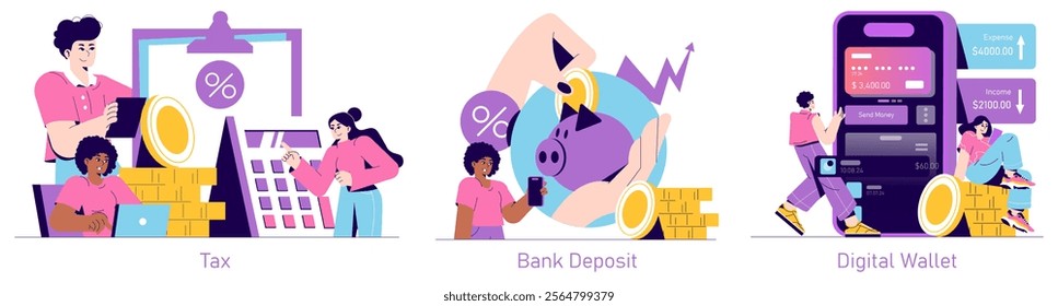 Banking sector set. Tax calculation, savings through bank deposits, and digital wallet management. Personal finance operation scenes. Vector illustration.