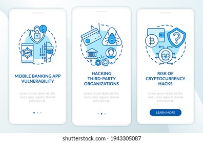 Banking security breach reasons onboarding mobile app page screen with concepts. Cyber safe in banking walkthrough 3 steps graphic instructions. UI vector template with RGB color illustrations