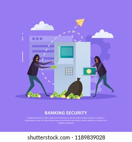 Banking security flat composition with hackers during atm robbery on violet background vector illustration