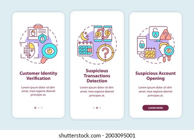 Medidas de seguridad bancaria a bordo de la pantalla de la aplicación móvil con conceptos. Recorrido de protección de información financiera de 3 pasos instrucciones gráficas. plantilla de vector de interfaz de usuario con ilustraciones de color RGB