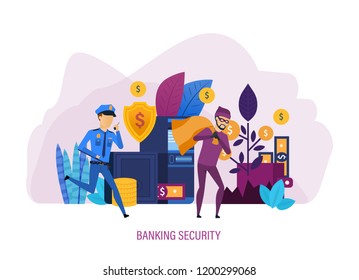 Banking security. Protection against thieves and cyber attacks., secure of financial assets, guarantee payment security. Protection of bank transfers, payments, investments. Vector illustration.