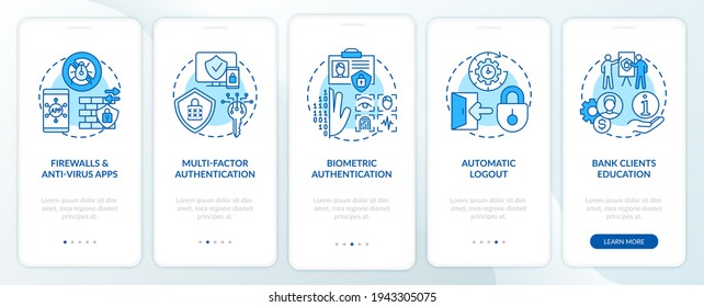 Banking security tools onboarding mobile app page screen with concepts. Cyber safe in banking walkthrough 5 steps graphic instructions. UI vector template with RGB color illustrations