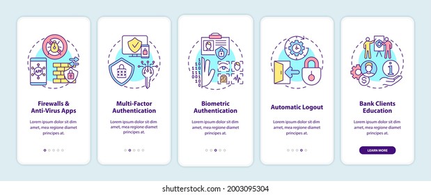 Banking security tools onboarding mobile app page screen with concepts. Cyber safe in banking walkthrough 5 steps graphic instructions. UI vector template with RGB color illustrations