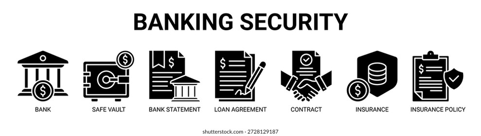 Banking Security web banner ícone vetor ilustração conceito com ícone de banco, cofre seguro, extrato bancário, contrato de empréstimo, documento do contrato, seguro financeiro e apólice de seguro.