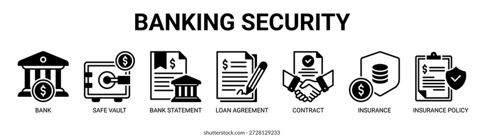 Banking Security web banner ícone vetor ilustração conceito com ícone de banco, cofre seguro, extrato bancário, contrato de empréstimo, documento do contrato, seguro financeiro e apólice de seguro.