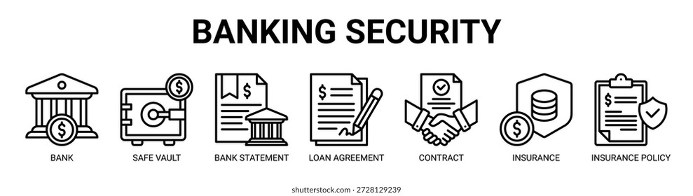Banking Security web banner ícone vetor ilustração conceito com ícone de banco, cofre seguro, extrato bancário, contrato de empréstimo, documento do contrato, seguro financeiro e apólice de seguro.