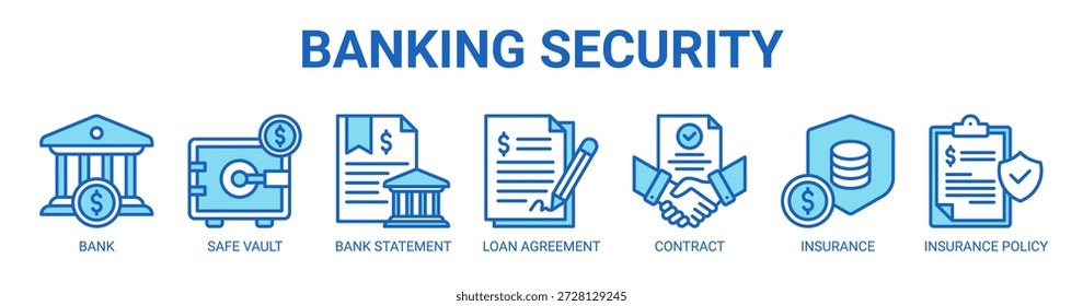 Banking Security web banner ícone vetor ilustração conceito com ícone de banco, cofre seguro, extrato bancário, contrato de empréstimo, documento do contrato, seguro financeiro e apólice de seguro.