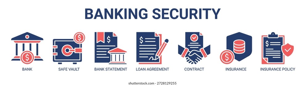 Banking Security web banner ícone vetor ilustração conceito com ícone de banco, cofre seguro, extrato bancário, contrato de empréstimo, documento do contrato, seguro financeiro e apólice de seguro.