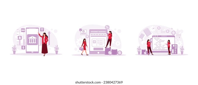 Banking service application on smartphone. Using internet banking on digital tablet. Online payment using a credit card. Internet Banking concept. Set Trend Modern vector flat illustration
