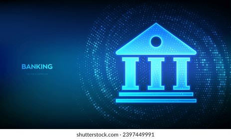 Banking service background. Bank building icon made with currency symbols. Dollar, euro, yen and pound icons. Background with currency signs. Bank financing, money exchange. Vector illustration.