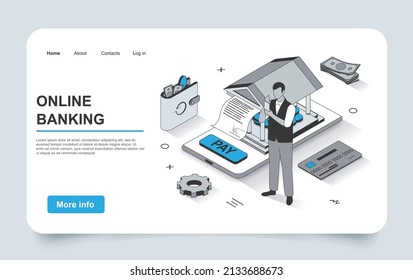 Banking service concept in 3d isometric landing page outline design. Bank client pays invoice, makes financial transactions on account, manages finances line web template. Vector illustration.