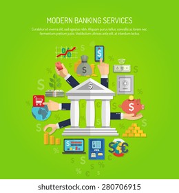 Banking service concept with human hands and flat finance icons vector illustration