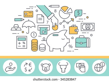 Banking service and finance concept illustration, thin line style, flat design