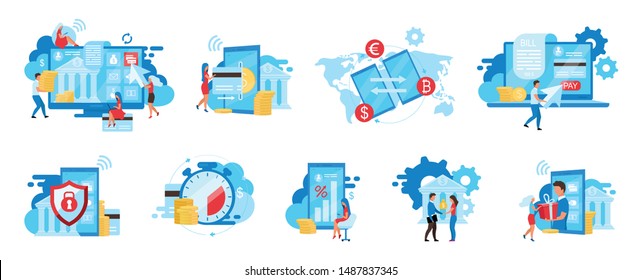 Banking service flat vector illustrations set. E payments app, billing service, safe financial transactions cartoon concepts. Ewallet, money transfer. Instant credit cards payments, deposits metaphors