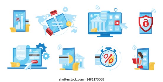 Banking service flat vector illustrations set. E payments app, billing service, financial transactions cartoon concepts. Ewallet, money transfer. Instant loans, invoice payments, deposits metaphors