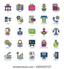 Paquete de iconos del Servicio bancario para el diseño de su sitio web, logotipo, aplicación e interfaz de usuario. El diseño de color relleno del icono del Servicio de Banca. Ilustración gráfica vectorial y trazo editable.