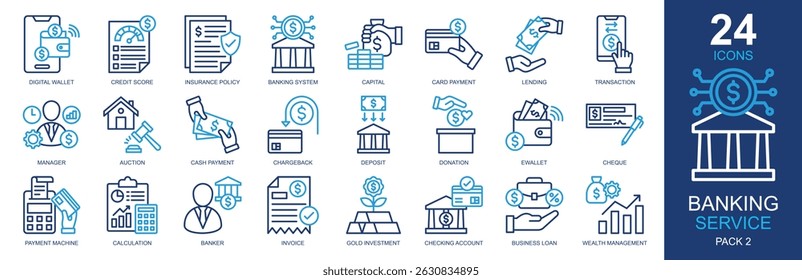 Ícones de serviço bancário definem ilustração vetorial. Contendo carteira digital, pontuação de crédito, sistema bancário, transação, gerenciamento de patrimônio e muito mais. Coleção simples de ícones de cores da estrutura de tópicos.