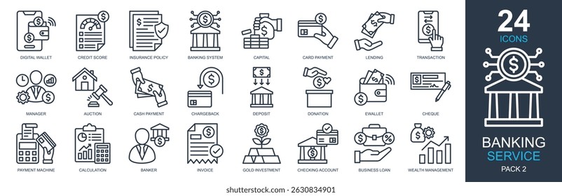 Banking Service Icons set vector illustration. Containing digital wallet, credit score, banking system, transaction, wealth management and more. Simple outline icons collection.