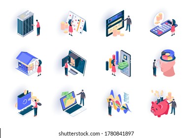 Banking service isometric icons set. Digital wallet, financial analytics and balance, money transaction flat vector illustration. Credit card payment 3d isometry pictograms with people characters.