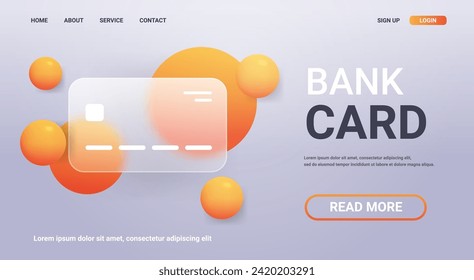 Banking service landing page. Glass transparent bank card on gray background. Vector illustration