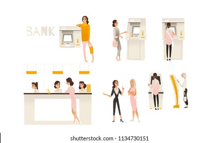 Banking service office concept set. Young girl client communicating with bank managers at reception, customers ATM cash machine money withdrawal scenes. Vector illustration.