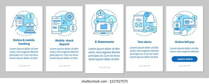 Banking service onboarding mobile app page screen with linear concepts. Online payment walkthrough steps graphic instructions. Financial management. UX, UI, GUI vector template with illustrations