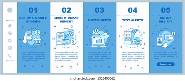 Servicios bancarios incorporando páginas de Web móvil Plantilla de Vector. Pago en línea. Interfaz de Sitio web de smartphone con iconos lineales. Gestión financiera. Concepto de pantallas paso a paso de tutorial de página web