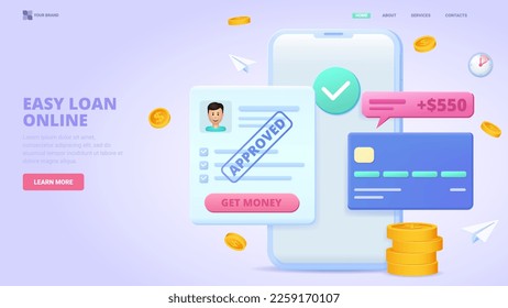 Banking service online, get credit fast and easy, get loan via smartphone application. Three dimensional design concept for landing page. 3d vector illustration for website, banner, hero image.