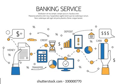 Banking service outline concept,  deposit, credit, money transfer. Vector illustration.