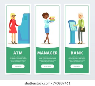 Banking service set, ATM, registration and payment terminal, worker, clients, bank works banners for advertising brochure, promotional leaflet poster, presentation flat vector elements for website or