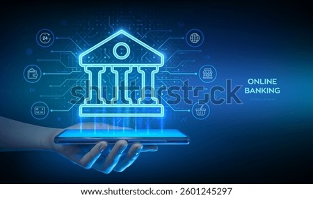 Banking service. Using a online banking application on smartphone. Finance and banking global internet connection. Financial transaction. API Fintech. Circuit board background. Vector illustration.