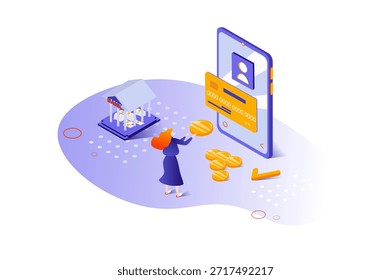 Concepto isométrico 3d de servicios bancarios con diseño de personas de isometría para Web. Mujer haciendo transacciones financieras, manejando sus finanzas personales en línea, pagando con tarjeta de crédito. Ilustración vectorial.