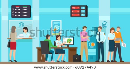 Banking services of all kind vector illustration. Fast cash advance in cash desk, consultants that provide with full information, modern atm with simple use, complete security and cozy office.