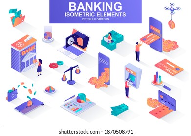 Banking services bundle of isometric elements. Digital wallet, bank building, credit card, mobile app, atm terminal, payment isolated icons. Isometric vector illustration kit with people characters.