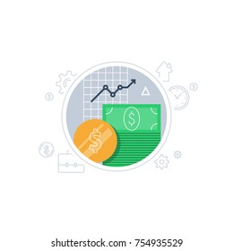 Banking services, financial report graph, return on investment, budget planning, income growth chart, mutual fund, retirement savings account, superannuation, interest rate, vector flat icon