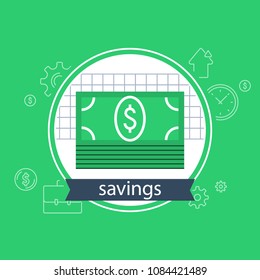 Banking services, financial strategy concept, return on investment, budget planning, income growth, fund raising, money bundle, savings account, finance loan, vector flat icon