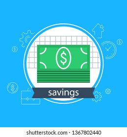 Banking services, financial strategy concept, return on investment, budget planning, income growth, fund raising, money bundle, savings account, finance loan, vector flat icon