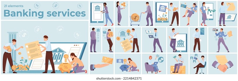 Banking services flat composition of twenty one elements with people opening deposits making online purchases and currency exchange vector illustration