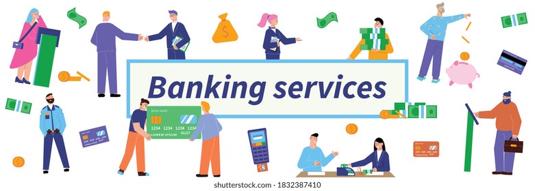 Banking services headline bank flat pattern with isolated figures of bank equipment clients and managers vector illustration