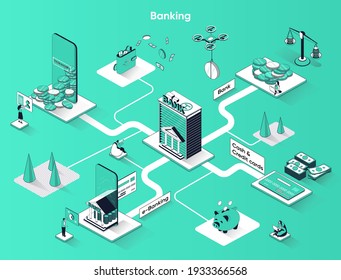 Banking Services Isometric Web Banner. Digital Wallet, E-banking, Cash And Credit Cards Flat Isometry Concept. Financial Transactions 3d Scene Design. Vector Illustration With Tiny People Characters
