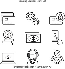 conjunto de iconos de línea de servicios bancarios. Acceder a cuentas bancarias y realizar transacciones financieras a través de Internet en smartphone. Concepto de servicio bancario móvil. Aislado sobre fondo blanco.