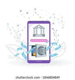 Banking services in the mobile application. Bank in a smartphone. Digital financial technology payment. Flat vector illustration.