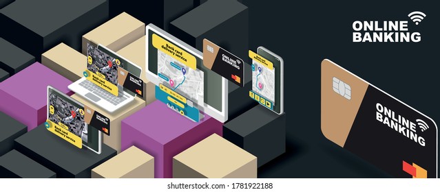 Servicios bancarios en Internet en la pantalla de la aplicación móvil sobre un fondo abstracto de colorido cubos de banner horizontal. Bandera de vectores