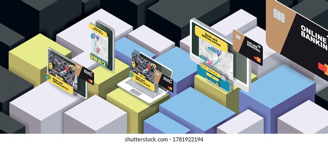 Servicios bancarios en Internet en la pantalla de la aplicación móvil sobre un fondo abstracto de cubos de colores. Bandera de vectores